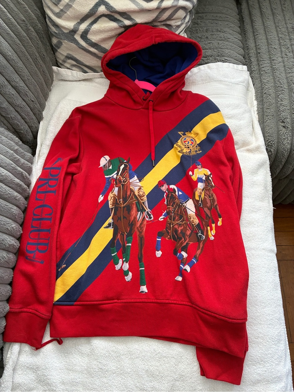 Polo by Ralph Lauren Red Polo Club Graphic Hoodie with Navy & Yellow Stripes